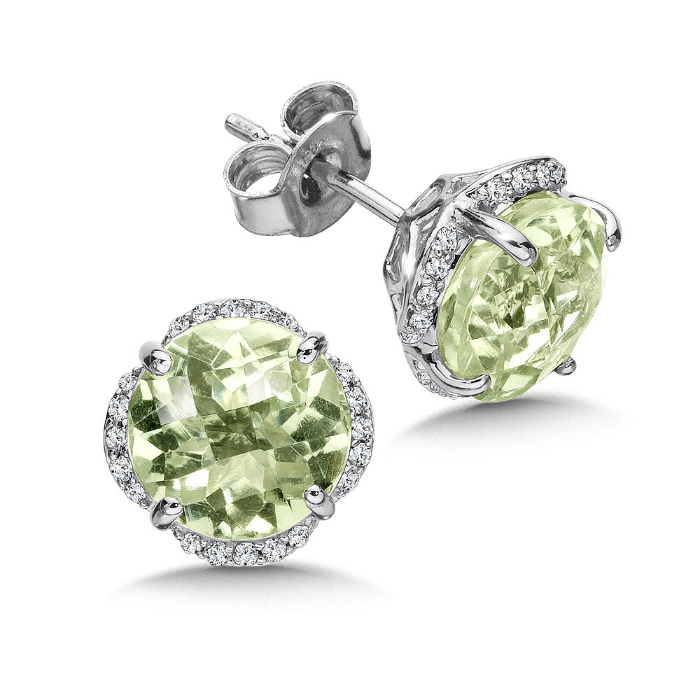 GREEN AMETHYST AND DIAMOND POST EARRINGS IN 14K WHITE GOLD CGE005W-DGA