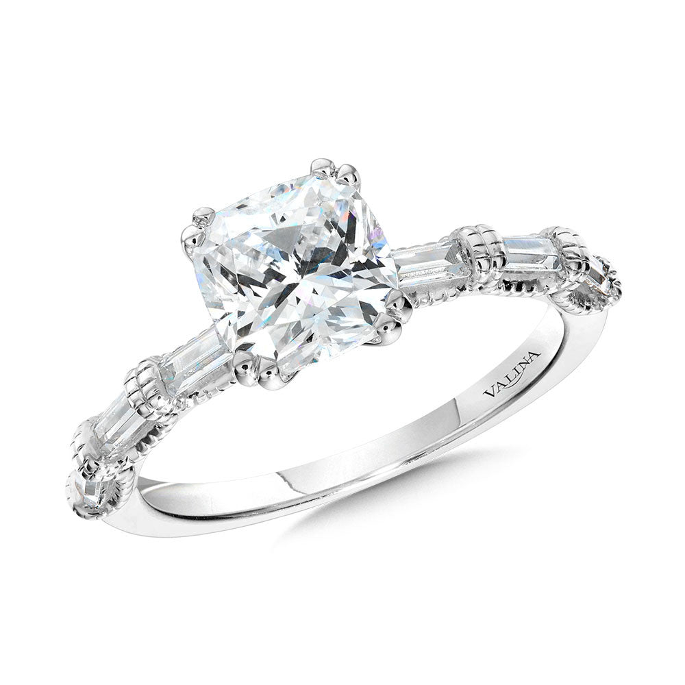 Valina Cushion-Cut, Double Prong, Milgrain-Beaded, Straight Baguette Diamond Engagement Ring R2401W-SR