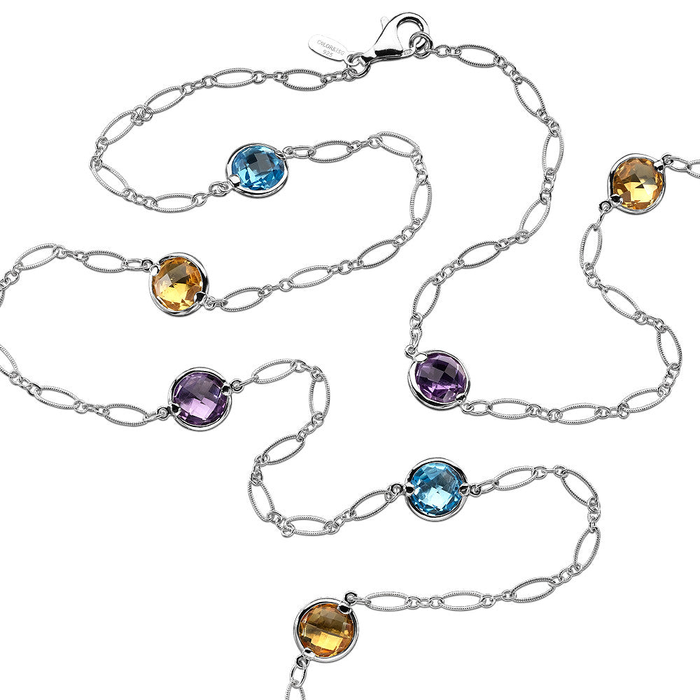 STERLING SILVER COLORE BY THE YARD NECKLACE IN CITRINE, BLUE TOPAZ, AND AMTHYST LVN001