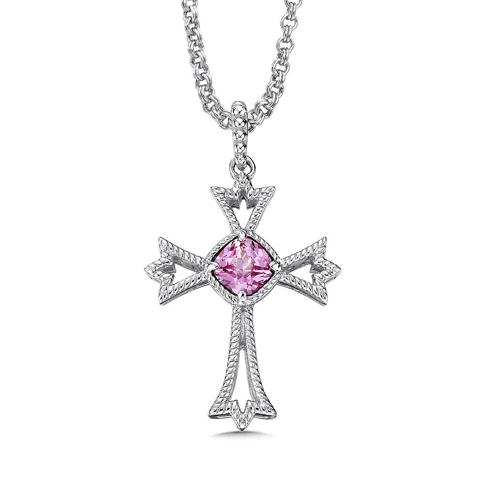 STERLING SILVER AND CREATED PINK SAPPHIRE CROSS PENDANT LVP586-PS