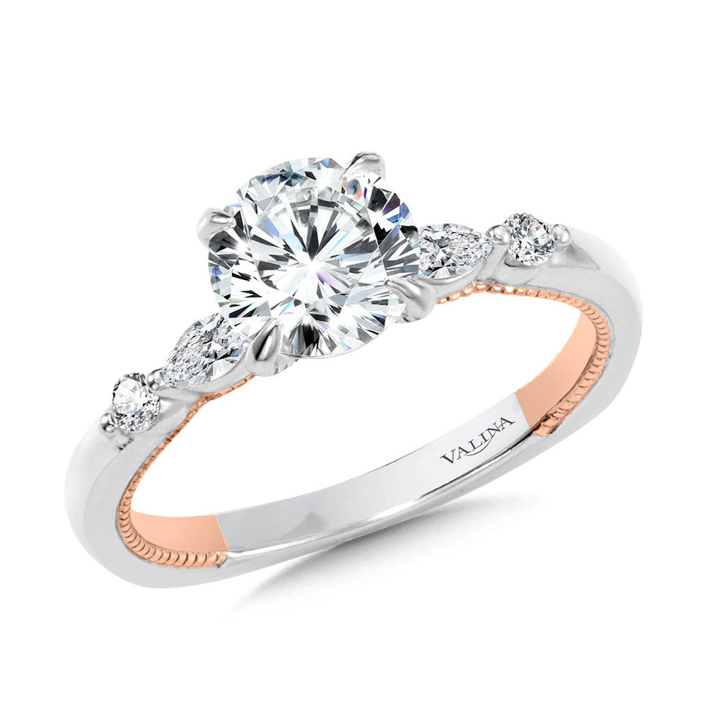 MARQUISE-ACCENTED TWO-TONE & MILGRAIN-BEADED HIDDEN ACCENTS DIAMOND ENGAGEMENT RING R2222WP