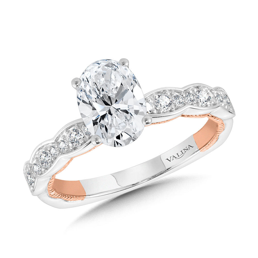 OVAL-CUT, CHANNEL-SET, TWO-TONE & MILGRAIN-BEADED HIDDEN ACCENTS DIAMOND ENGAGEMENT RING R2231WP