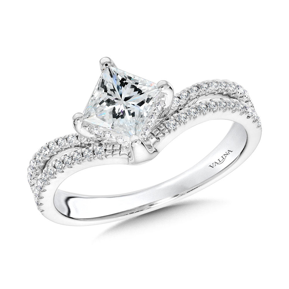 Valina Princess-Cut Hidden Halo, Split Shank, & Chevron-Shaped Diamond Engagement Ring w/ Compass Prongs R2378W-SR