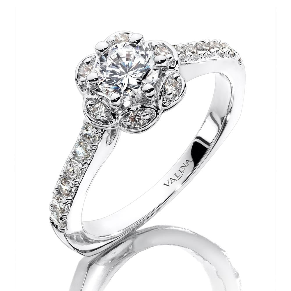 Valina Six-Prong Floral Halo Diamond Engagement Ring R1085W