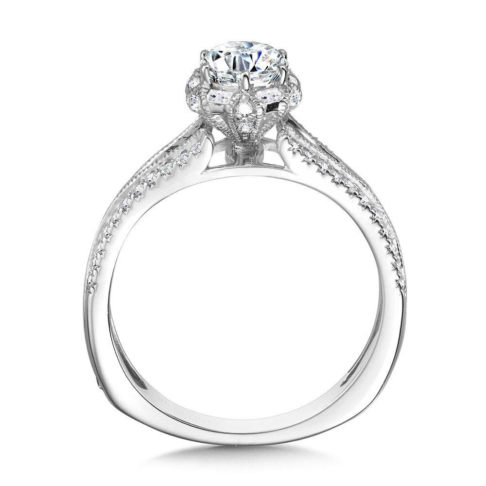 Valina Six-Prong Milgrain-Beaded Split Shank Baguette Halo Engagement Ring R1104W