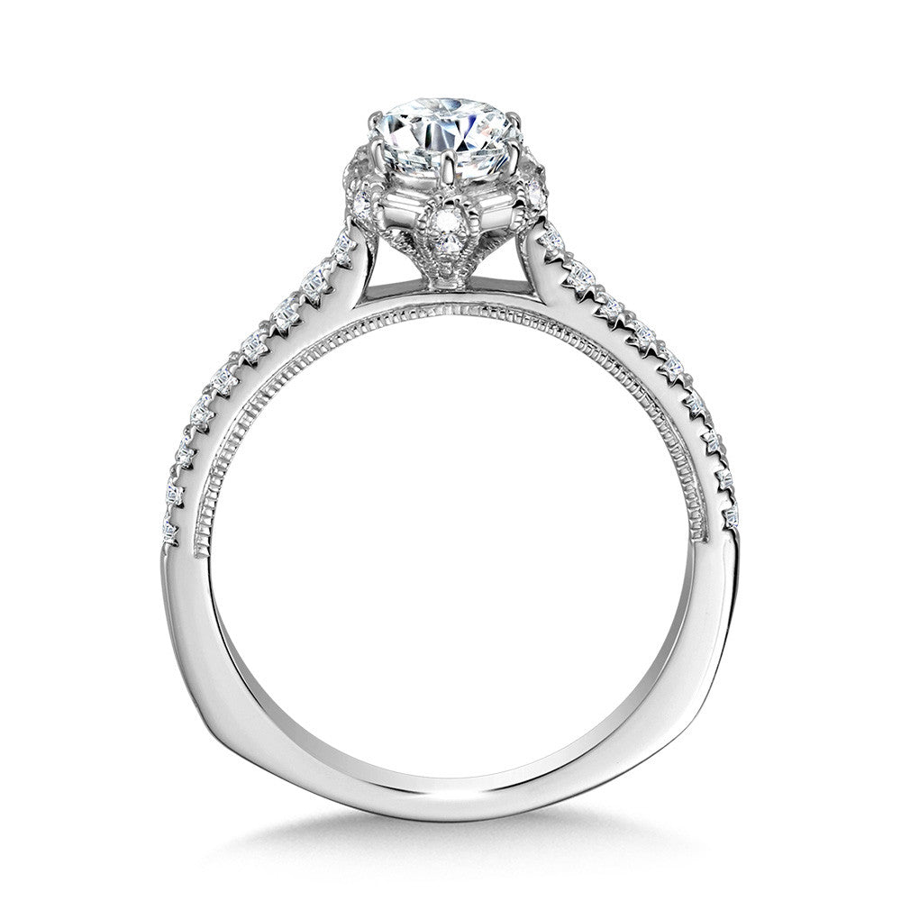 Valina Six-Prong Milgrain-Beaded Baguette Halo Engagement Ring R1105W