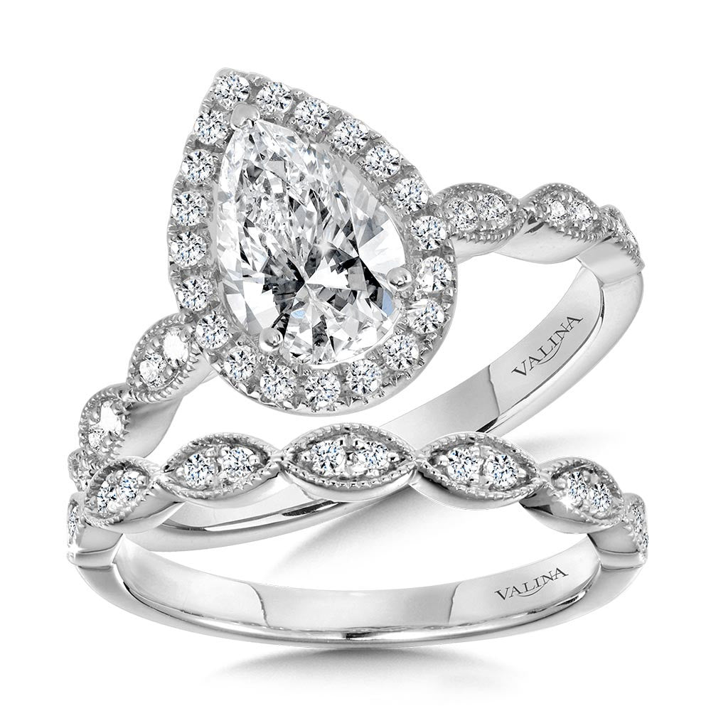 Valina Scalloped & Milgrain-Beaded Pear-Shaped Halo Engagement Ring R1129W-SR