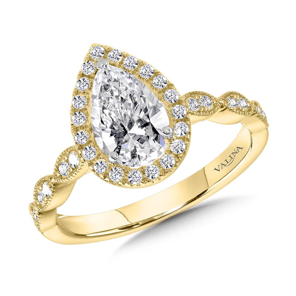 SCALLOPED & MILGRAIN-BEADED PEAR-SHAPED HALO ENGAGEMENT RING R1129Y-SR