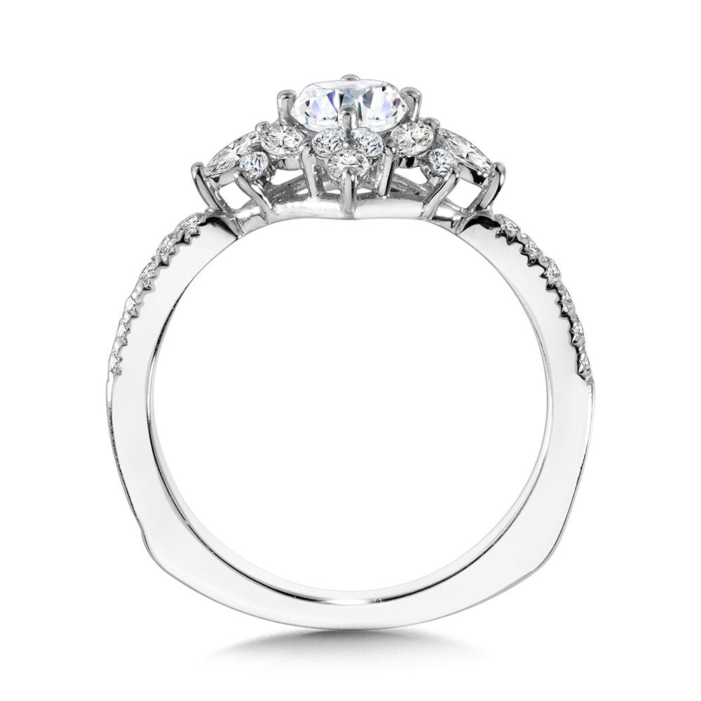 Valina Marquise-Accented Sun Burst Tapered Diamond Halo Engagement Ring R2208W