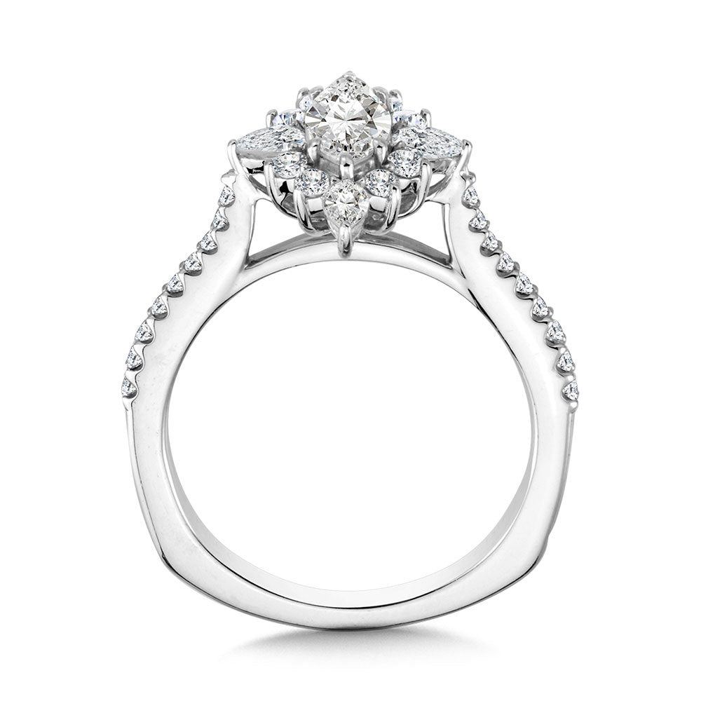 MARQUISE-CUT & PEAR-ACCENTED SUN BURST DIAMOND HALO ENGAGEMENT RING R2210W
