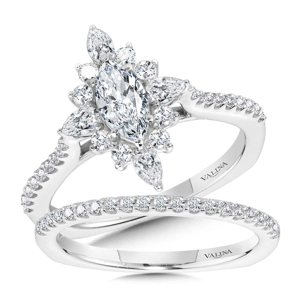 MARQUISE-CUT & PEAR-ACCENTED SUN BURST DIAMOND HALO ENGAGEMENT RING R2210W