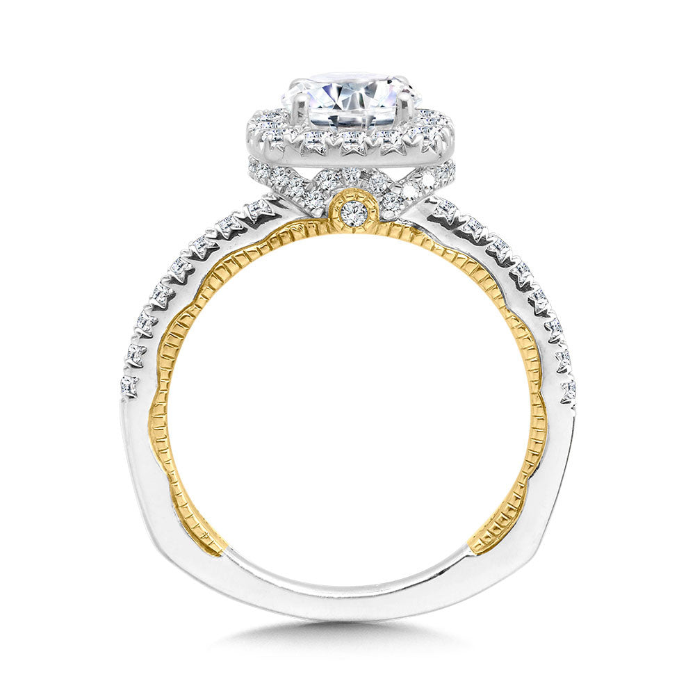 Valina Two-Tone & Milgrain-Beaded Cushion-Shaped Diamond Halo Engagement Ring R2223WY