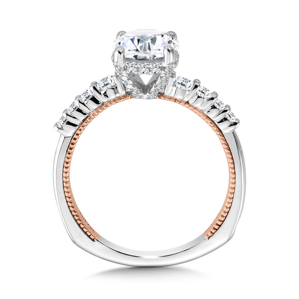 GRADUATING TWO-TONE & MILGRAIN-BEADED HIDDEN HALO DIAMOND ENGAGEMENT RING R2225WP