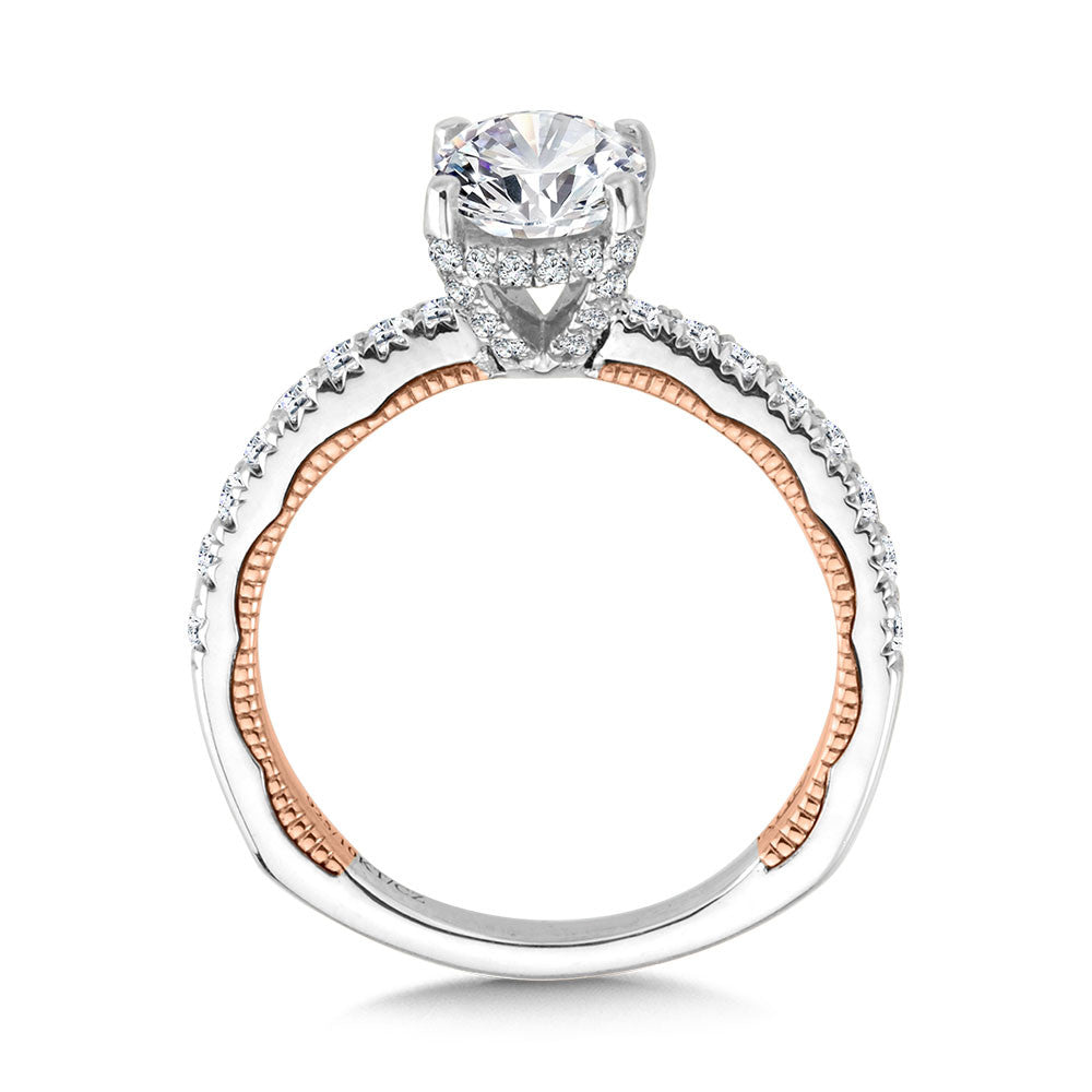 OVAL-CUT, TAPERED, TWO-TONE & MILGRAIN-BEADED HIDDEN HALO DIAMOND ENGAGEMENT RING R2227WP