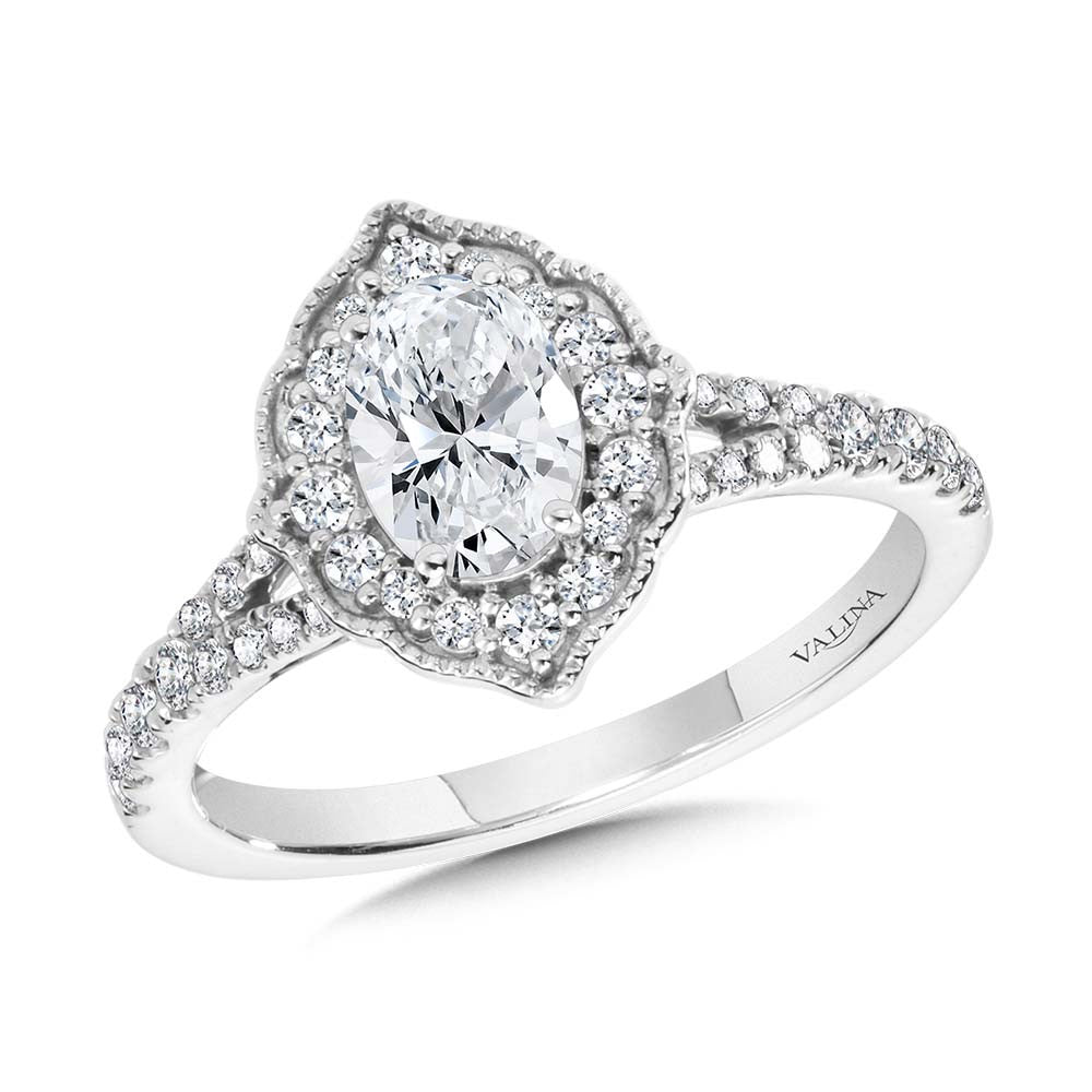 Valina Oval-Cut Diamond & Vintage Milgrain-Beaded Halo, Split Shank Engagement Ring R2315W-SR
