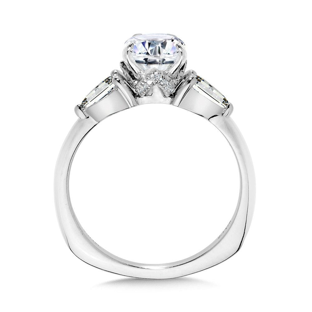 Valina Three-Stone Pear-Accented Diamond Solitaire Engagement Ring w/ Chevron Collar R2346W