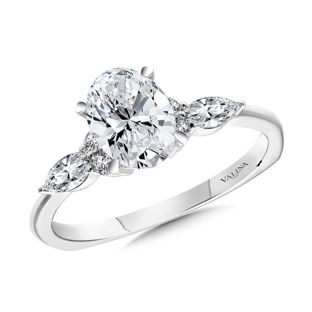 Valina Oval-Cut Diamond & Marquise-Accented Three-Stone Illusion Engagement Ring w/ Chevron Collar R2348W