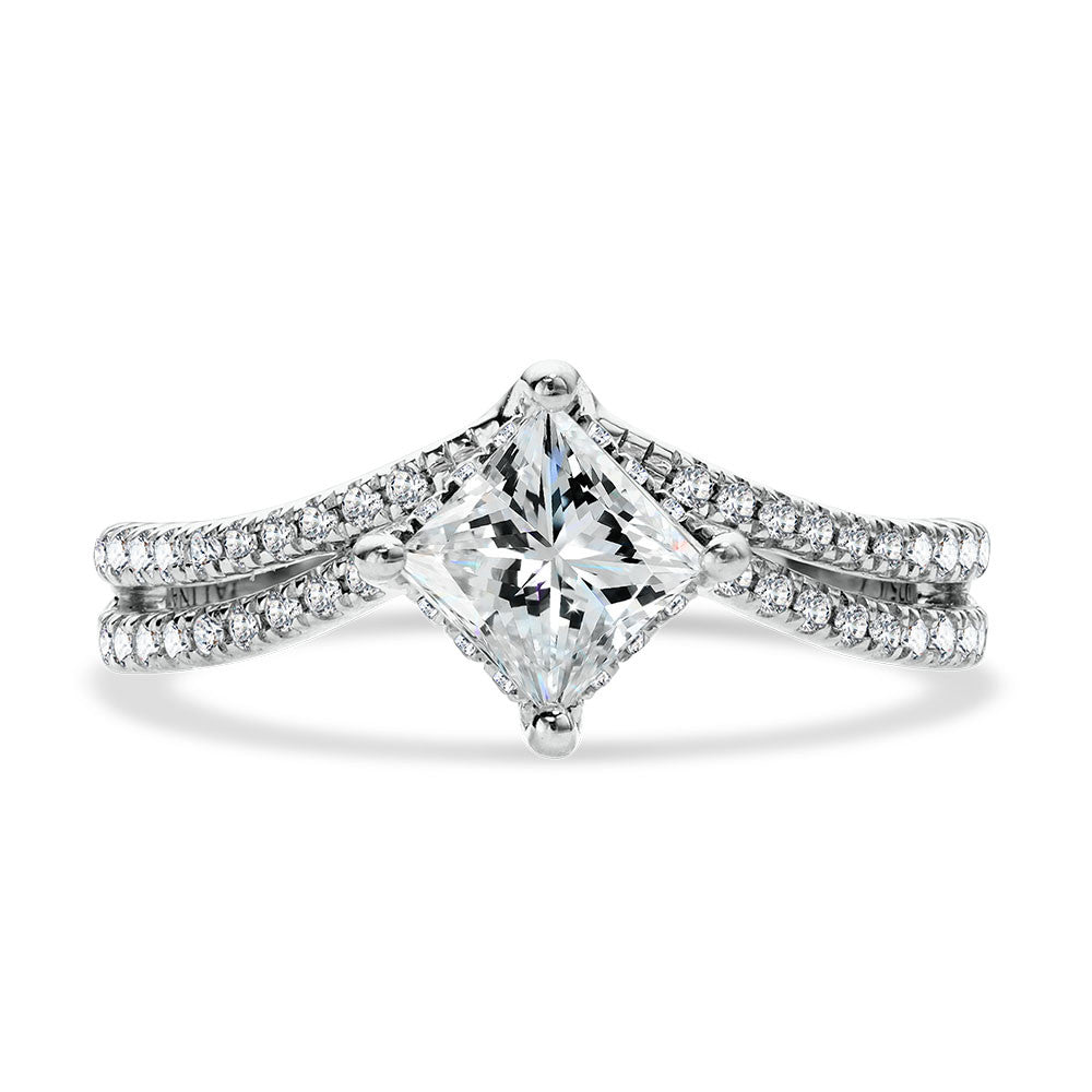 Valina Princess-Cut Hidden Halo, Split Shank, & Chevron-Shaped Diamond Engagement Ring w/ Compass Prongs R2378W-SR