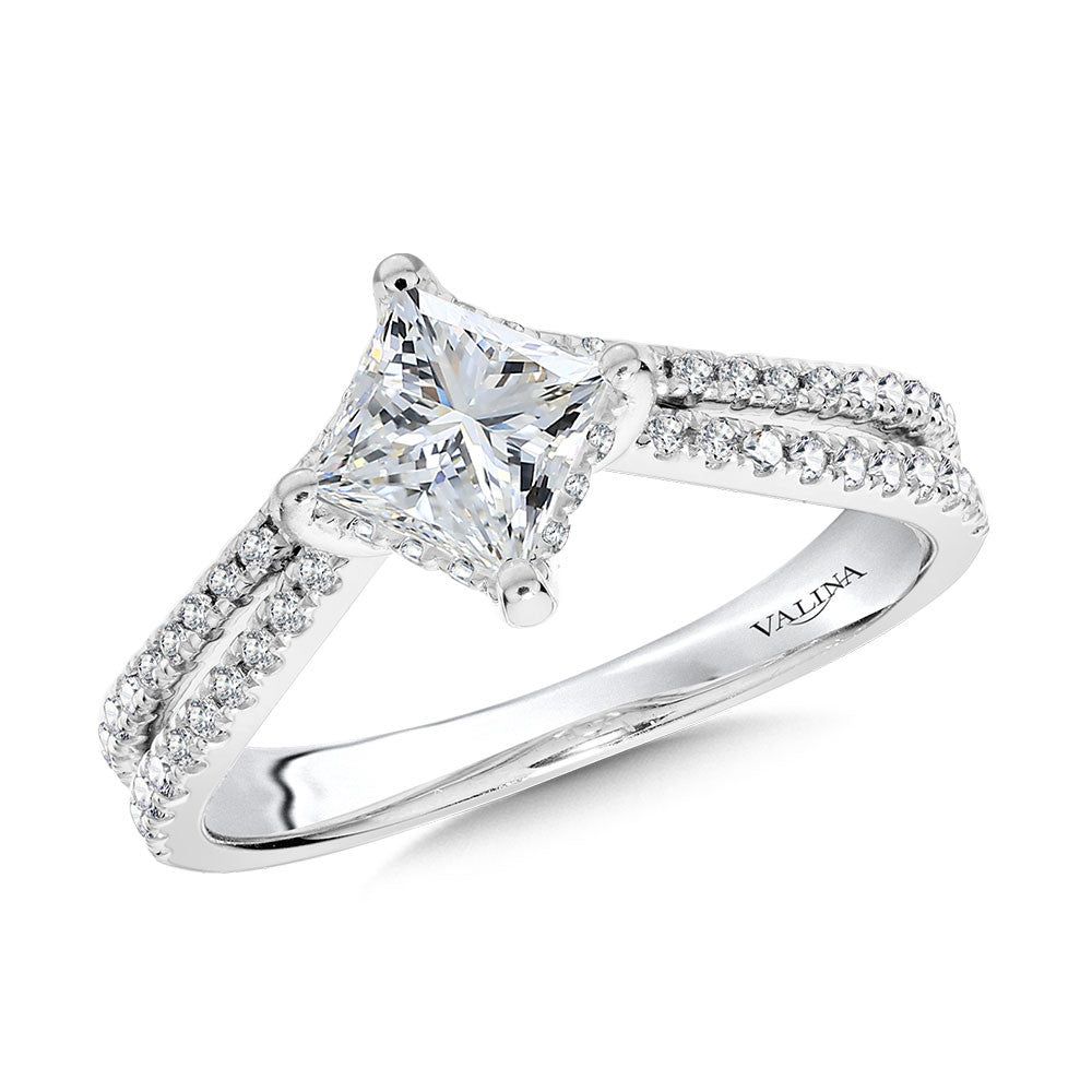 Valina Princess-Cut Hidden Halo, Split Shank, & Chevron-Shaped Diamond Engagement Ring w/ Compass Prongs R2378W-SR