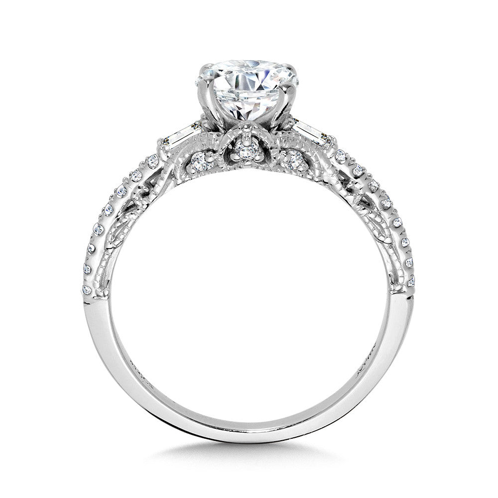 BAGUETTE-ACCENTED & MILGRAIN-BEADED VINTAGE DIAMOND ENGAGEMENT RING R2379W-SR