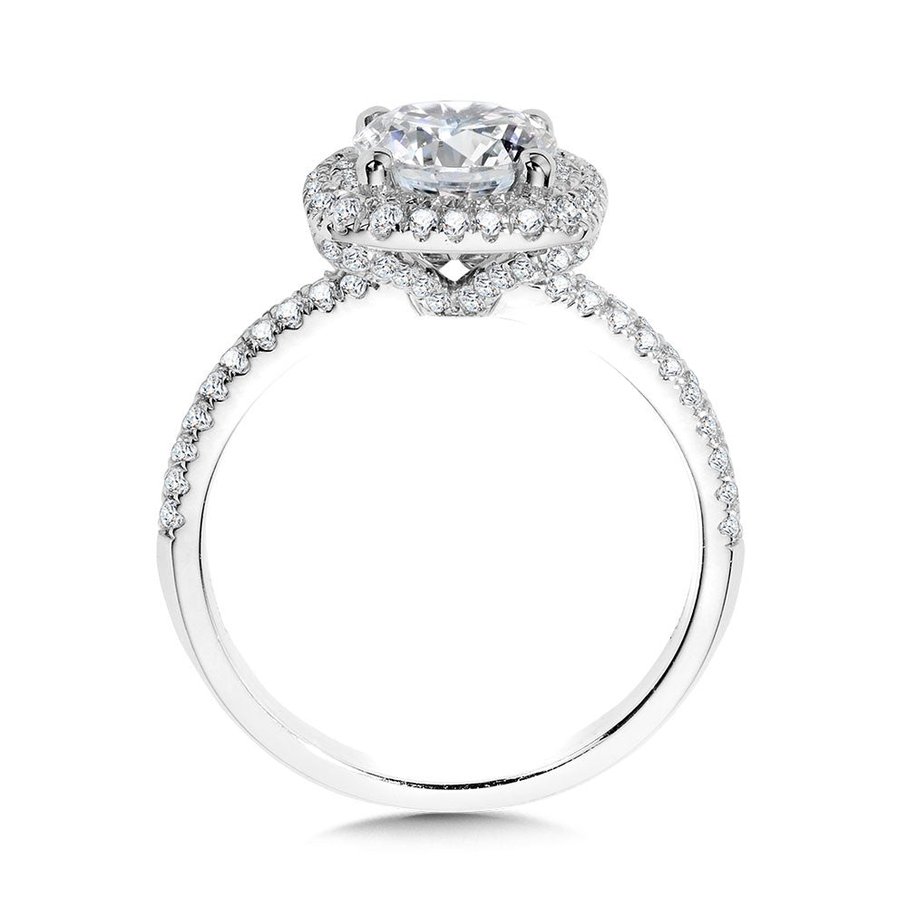 CUSHION-SHAPED DOUBLE HALO & HIDDEN ACCENTS DIAMOND ENGAGEMENT RING R2396W-SR
