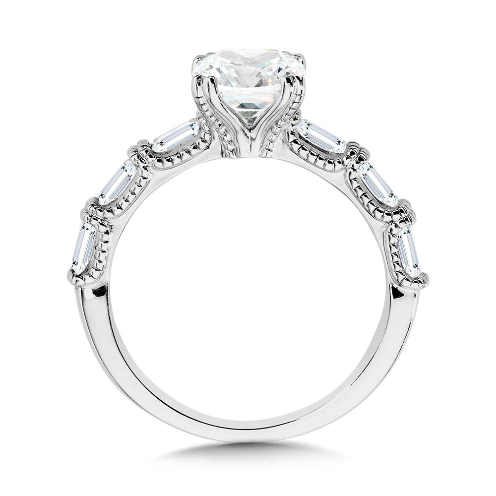 Valina Cushion-Cut, Double Prong, Milgrain-Beaded, Straight Baguette Diamond Engagement Ring R2401W-SR