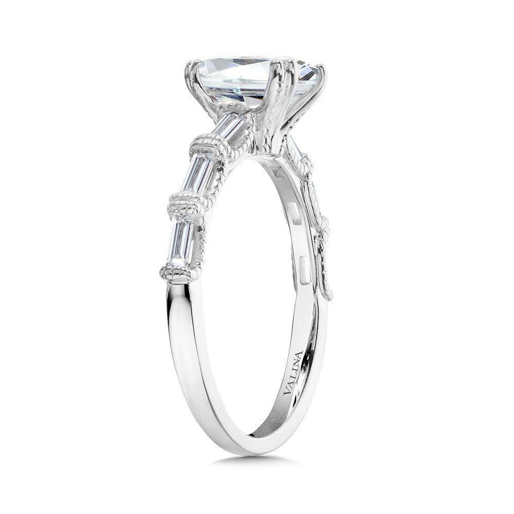 Valina Cushion-Cut, Double Prong, Milgrain-Beaded, Straight Baguette Diamond Engagement Ring R2401W-SR