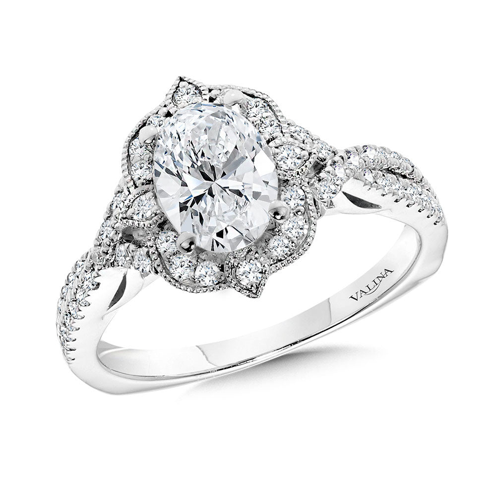 Valina Vintage Oval-Cut Diamond Halo & Crisscross Engagement Ring w/ Milgrain Beading & Filigree R2445W