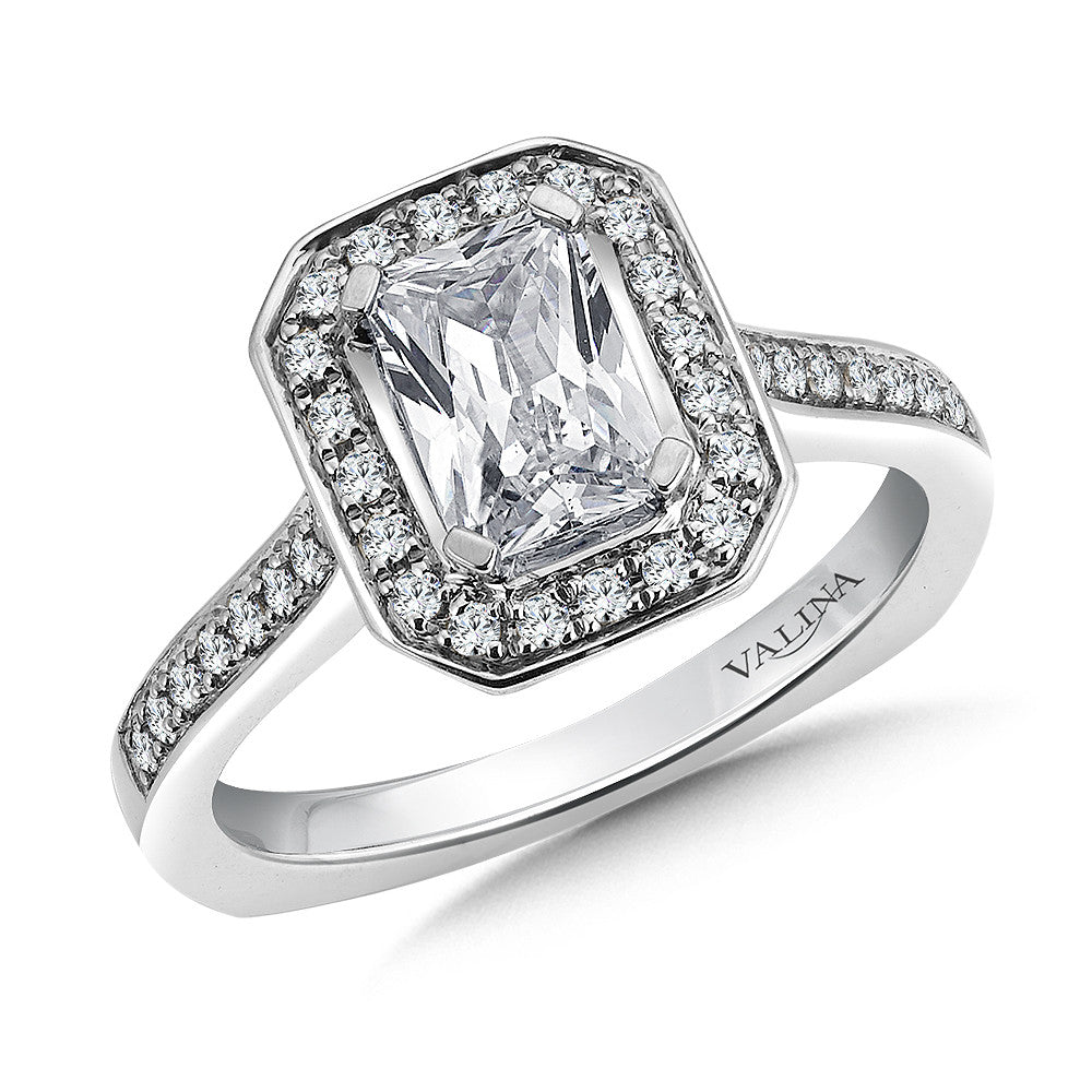 HALO STYLE EMERALD CUT ENGAGEMENT RING R9538W
