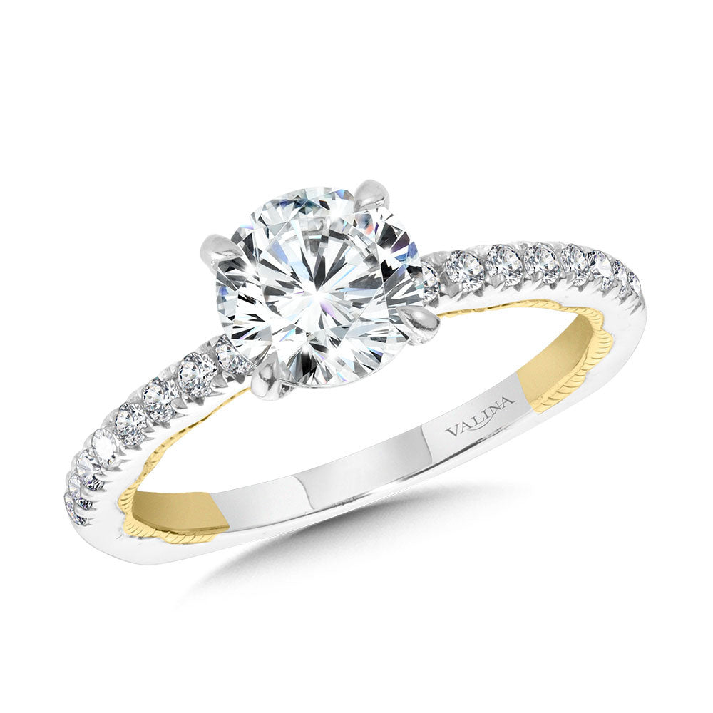 STRAIGHT TWO-TONE & MILGRAIN-BEADED HIDDEN ACCENTS DIAMOND ENGAGEMENT RING R2221WY