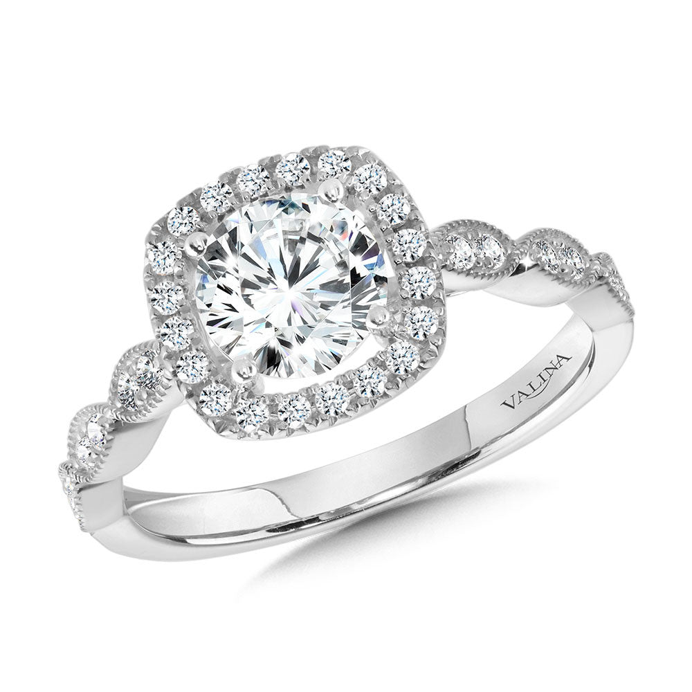 Valina Scalloped & Milgrain-Beaded Cushion-Shaped Halo Engagement Ring R1127W-SR