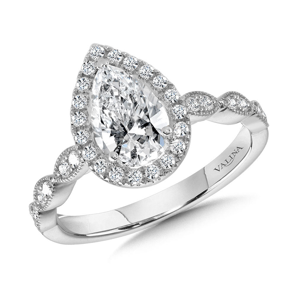 Valina Scalloped & Milgrain-Beaded Pear-Shaped Halo Engagement Ring R1129W-SR