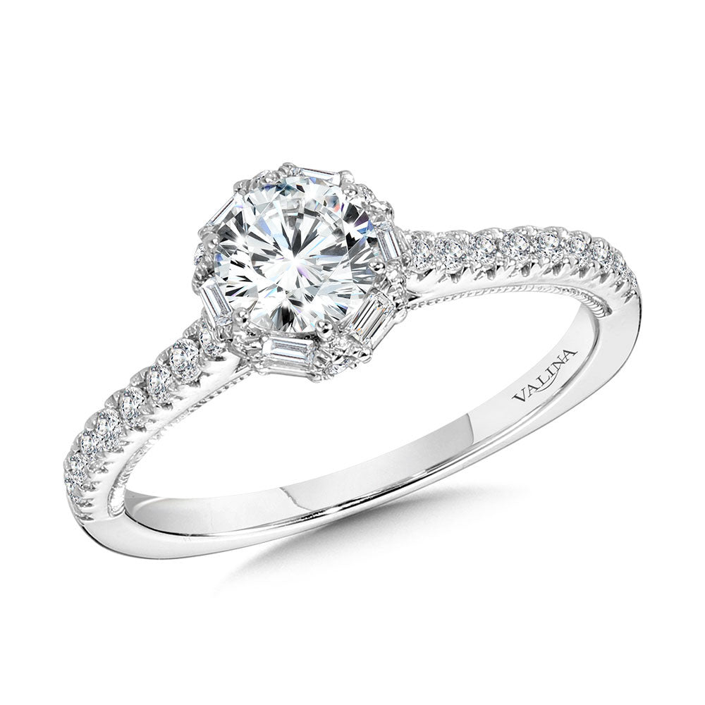 Valina Six-Prong Milgrain-Beaded Baguette Halo Engagement Ring R1105W