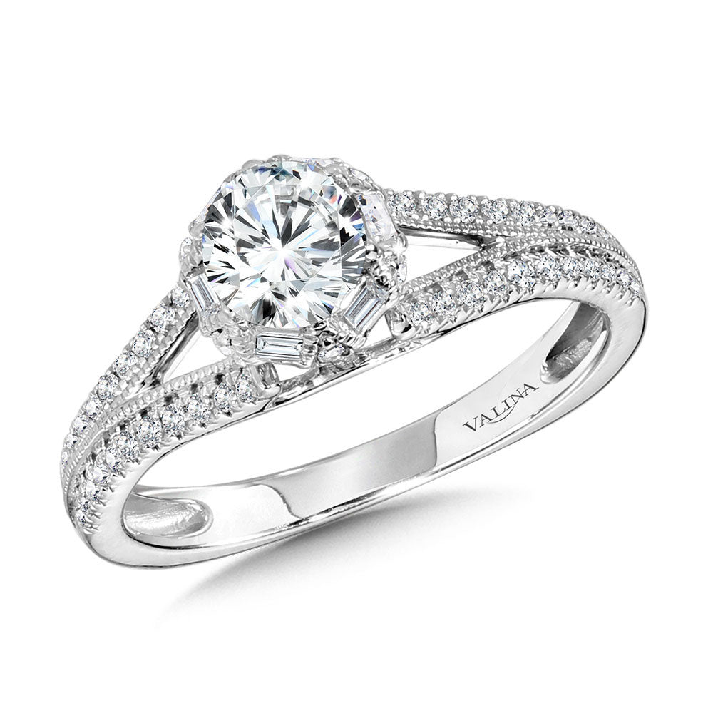 Valina Six-Prong Milgrain-Beaded Split Shank Baguette Halo Engagement Ring R1104W