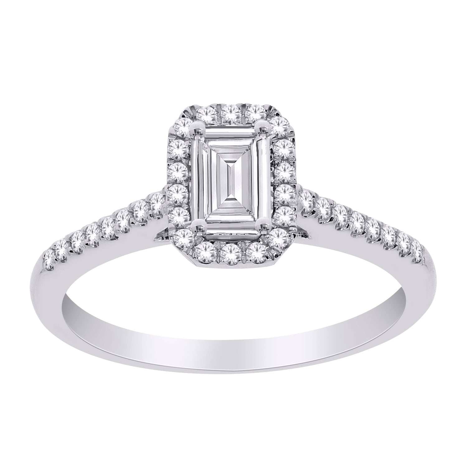 14K WHITE GOLD EMERALD CUT ENGAGEMENT RING.