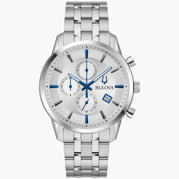 Bulova 96B404 Sutton Chronograph Silver Dial Blue Accents Bracelet