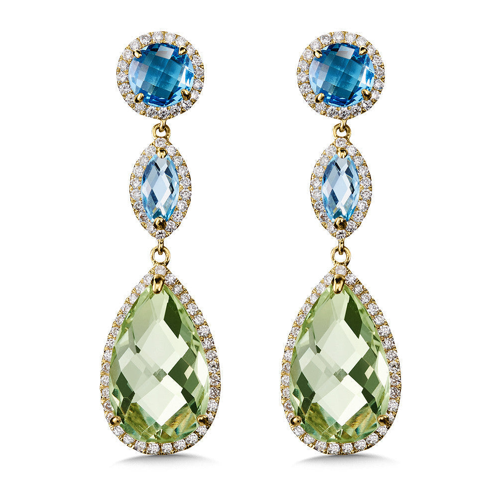 BLUE TOPAZ & GREEN AMETHYST STATEMENT EARRINGS IN 14K YELLOW GOLD CGE059Y-DBTGA