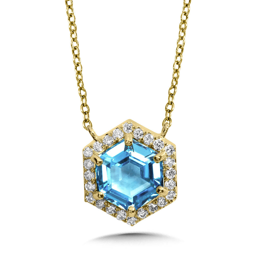 HEXAGON-CUT SWISS BLUE TOPAZ & DIAMOND HALO NECKLACE CGP762Y-DBT