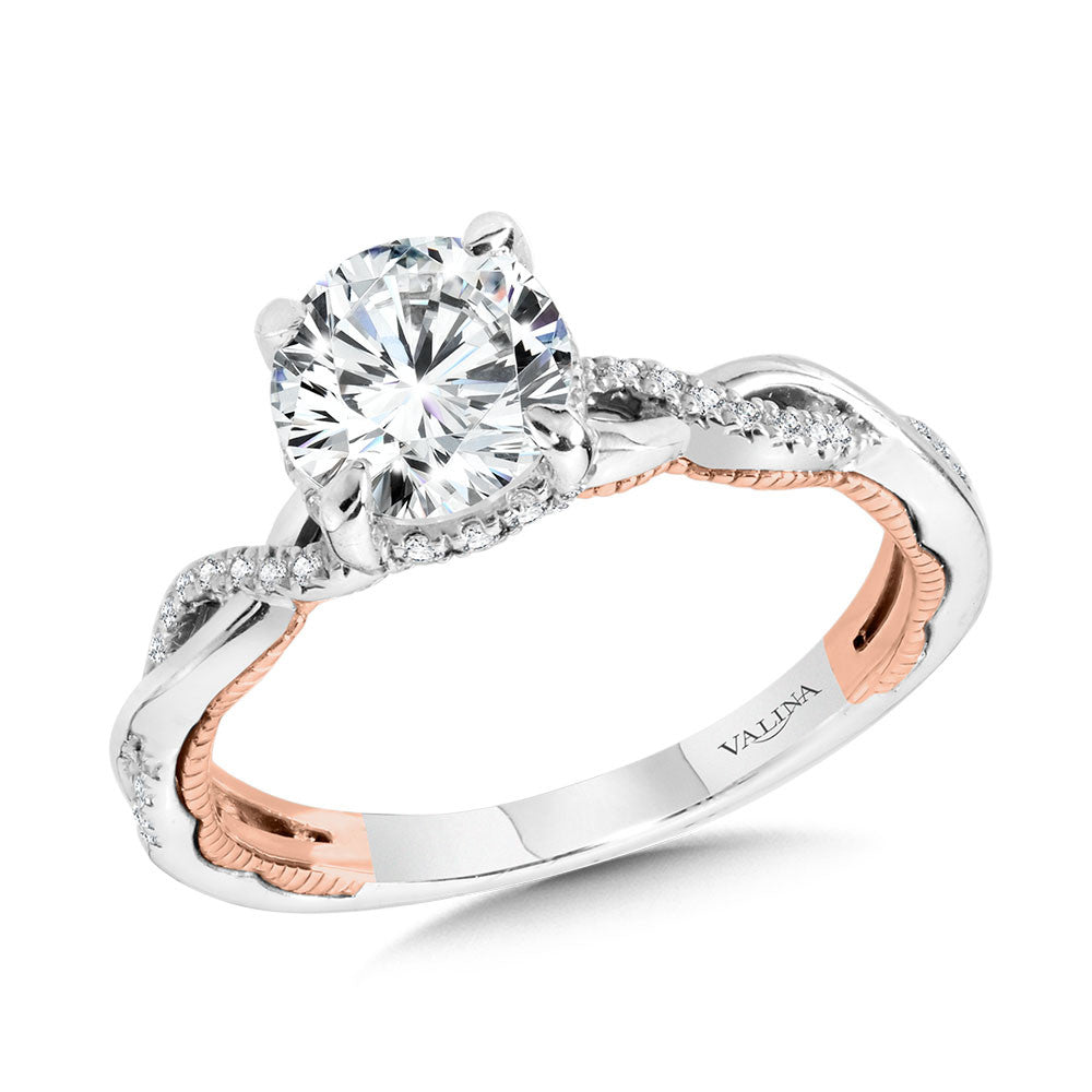 CRISSCROSS TWO-TONE & MILGRAIN-BEADED HIDDEN HALO DIAMOND ENGAGEMENT RING R2272WP-SR