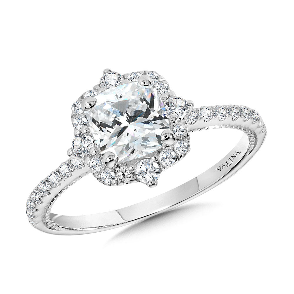 CUSHION-CUT COMPASS-INSPIRED HALO & MILGRAIN-BEADED DIAMOND ENGAGEMENT RING R2414W-SR