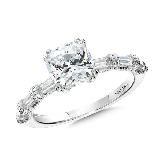 Valina Cushion-Cut, Double Prong, Milgrain-Beaded, Straight Baguette Diamond Engagement Ring R2401W-SR