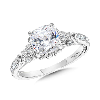 Valina Cushion-Cut, Tapered & Intricately Milgrain-Beaded Diamond Engagement Ring R2418W-SR