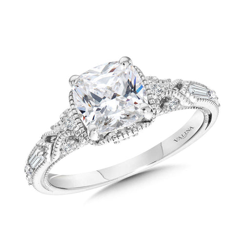 Cushion-Cut, Tapered & Intricately Milgrain-Beaded Diamond Engagement Ring R2418W-SR