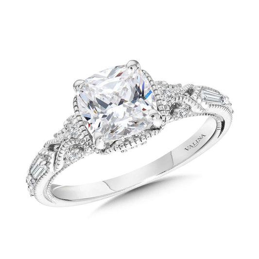 Valina Cushion-Cut, Tapered & Intricately Milgrain-Beaded Diamond Engagement Ring R2418W-SR