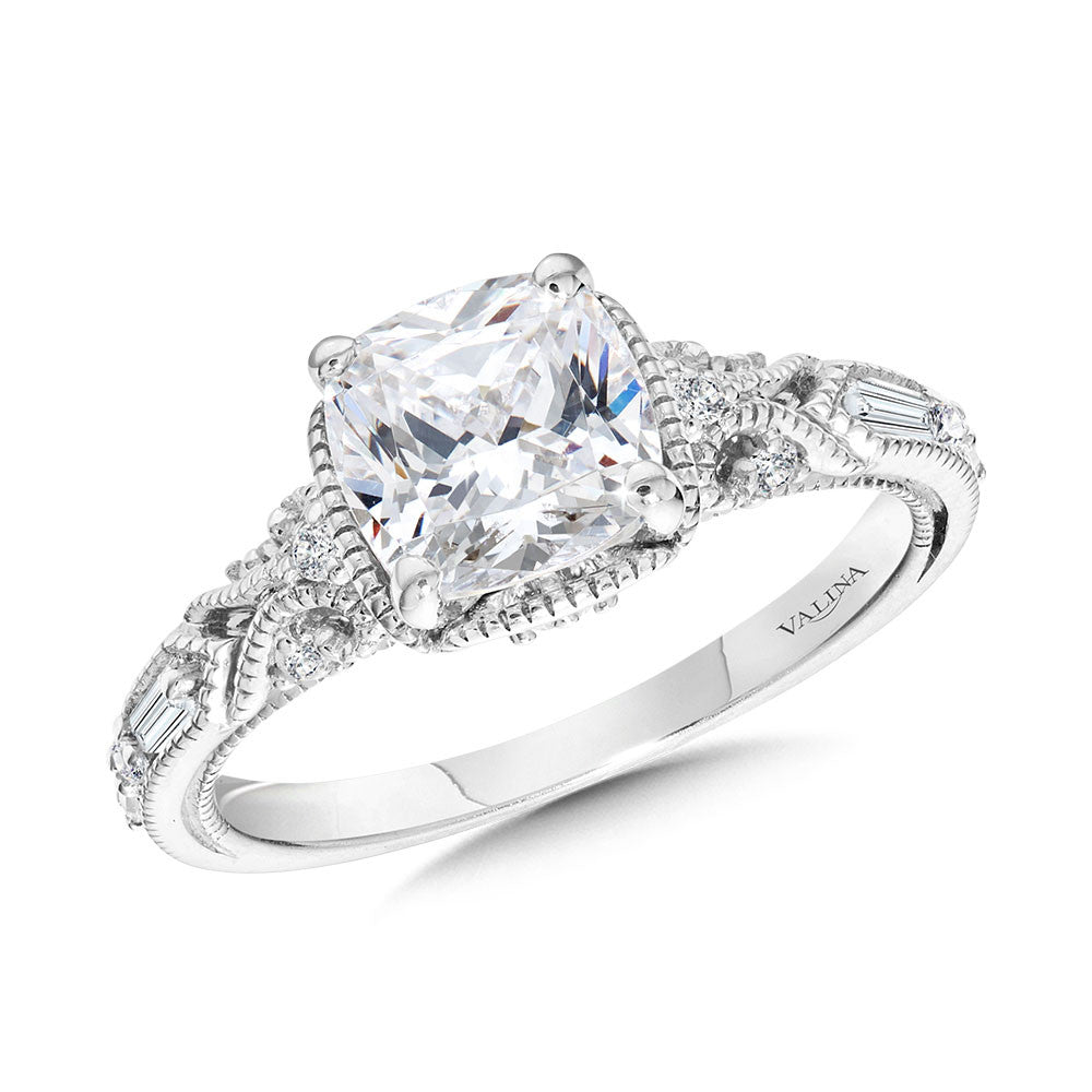 CUSHION-CUT, TAPERED & INTRICATELY MILGRAIN-BEADED DIAMOND ENGAGEMENT RING R2418W-SR