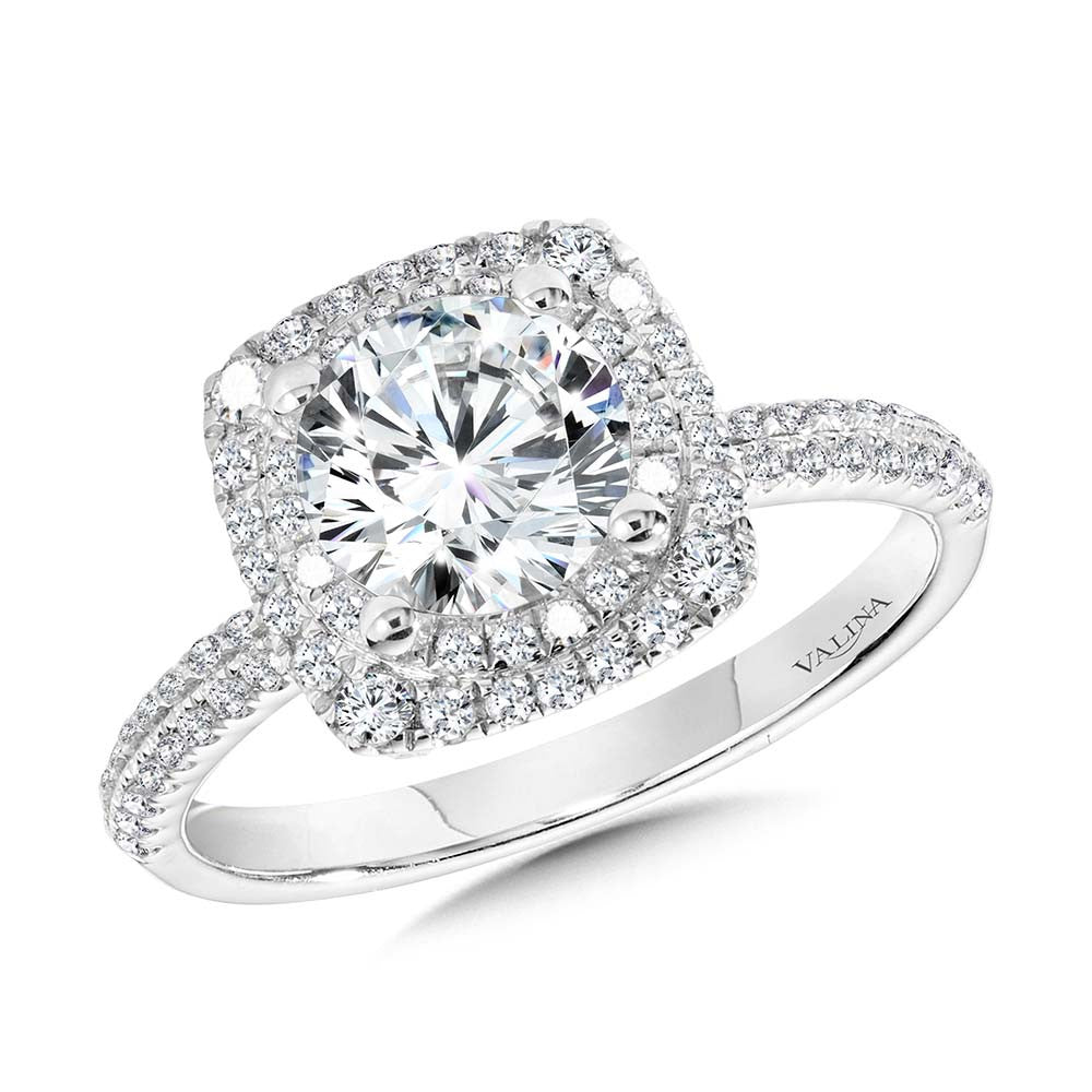 CUSHION-SHAPED DOUBLE HALO & HIDDEN ACCENTS DIAMOND ENGAGEMENT RING R2396W-SR