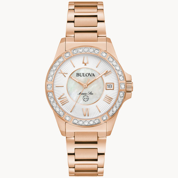 Bulova 98R295 Marine Star Rose Gold Ladies Mother of Pearl Diamonds