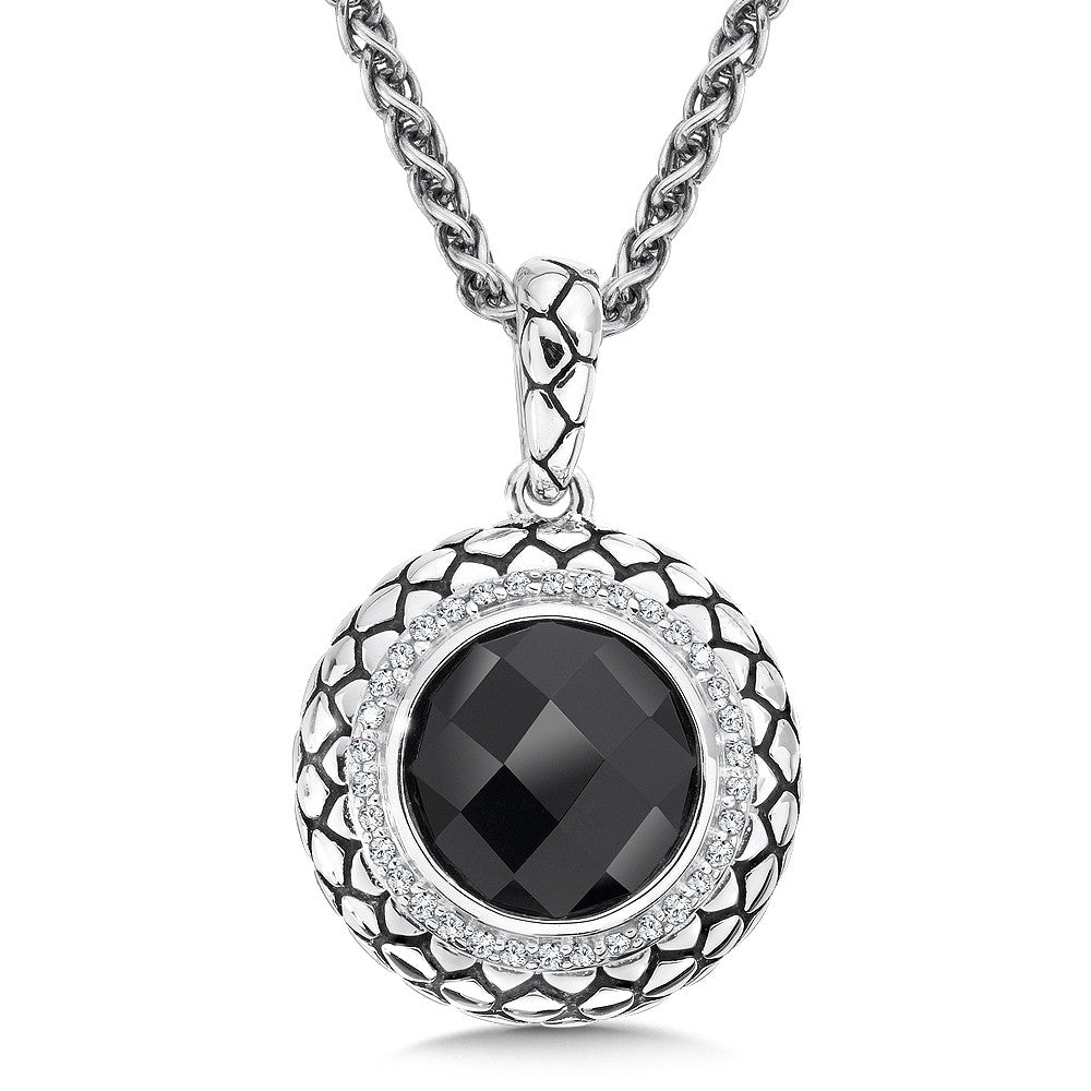 STERLING SILVER ONYX AND DIAMONDS SERPENTINE ROUND PENDANT LVP557-DNXA