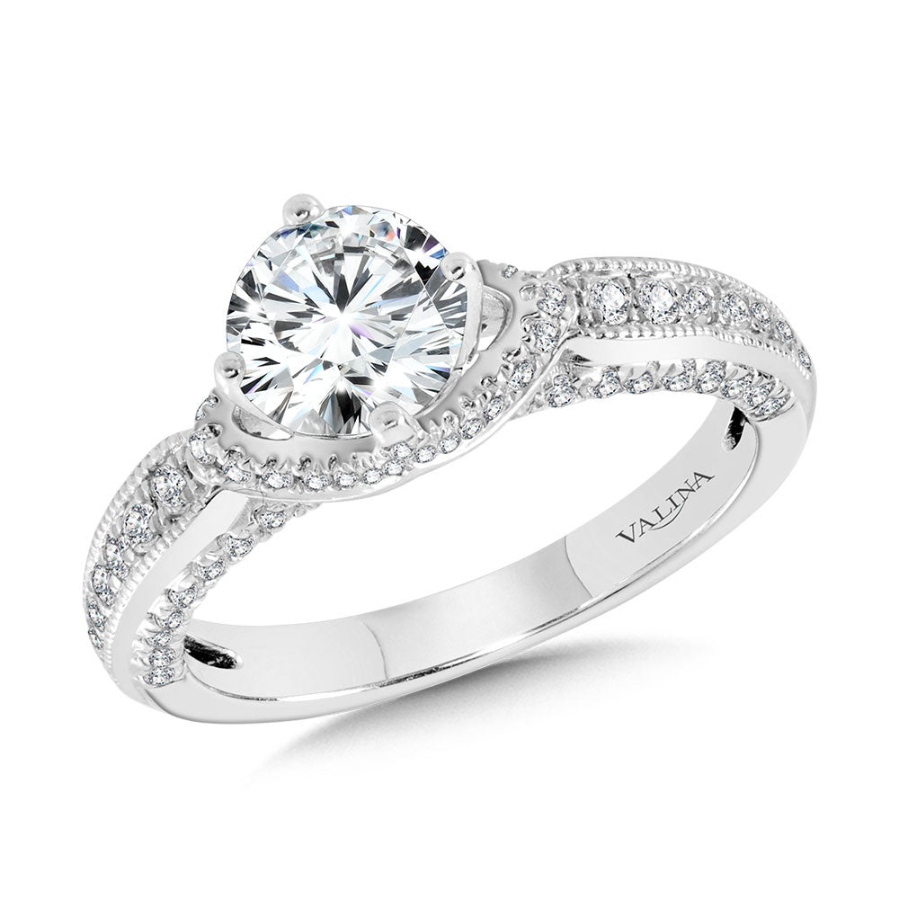 MILGRAIN-BEADED & CHEVRON-SHAPED CAPE ENGAGEMENT RING W/ DIAMOND ARCH UNDERGALLERY R2296W-SR