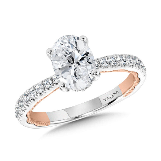 OVAL-CUT, TAPERED, TWO-TONE & MILGRAIN-BEADED HIDDEN HALO DIAMOND ENGAGEMENT RING R2227WP